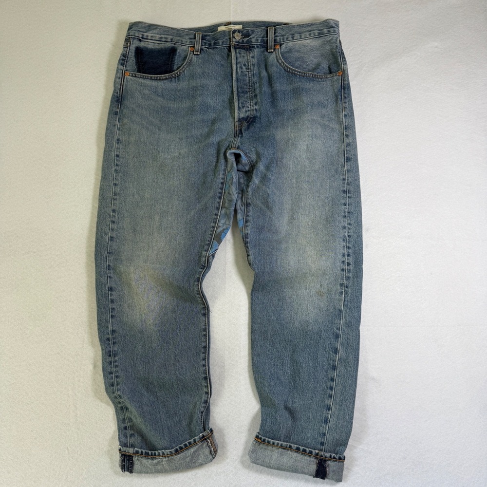 Levis Altered Taper Jeans Mens 38x32 Blue Light Wash Button Fly Reconstructed